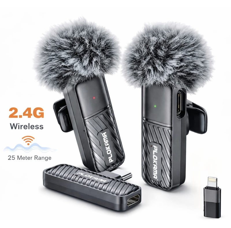Plokama VM-20 2.4G Wireless Lavalier Microphone for All Phones – Dual Wireless Mic (2 in 1) for Live Streaming, Vlogging, and Interviews – YouTube and TikTok Microphone with Air Filter – 25m Range - Image 1